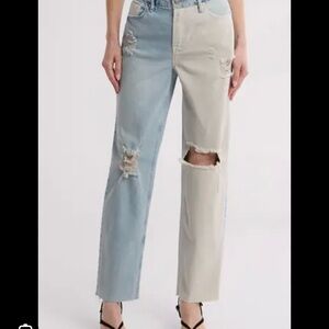 NEW - Good American - Blue and Cream Straight Leg Distressed Jeans